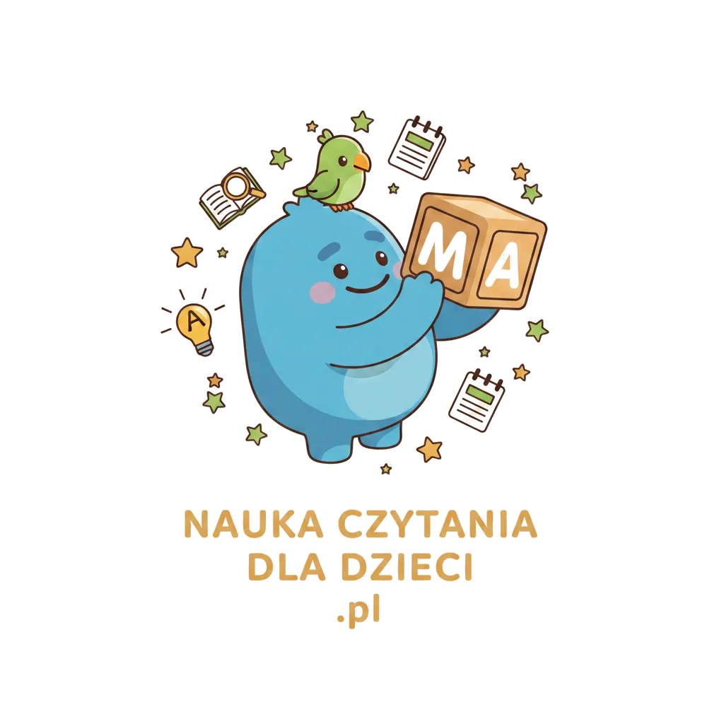 Logo Nauka Czytania dla Dzieci — maskotka z klockami sylabowymi